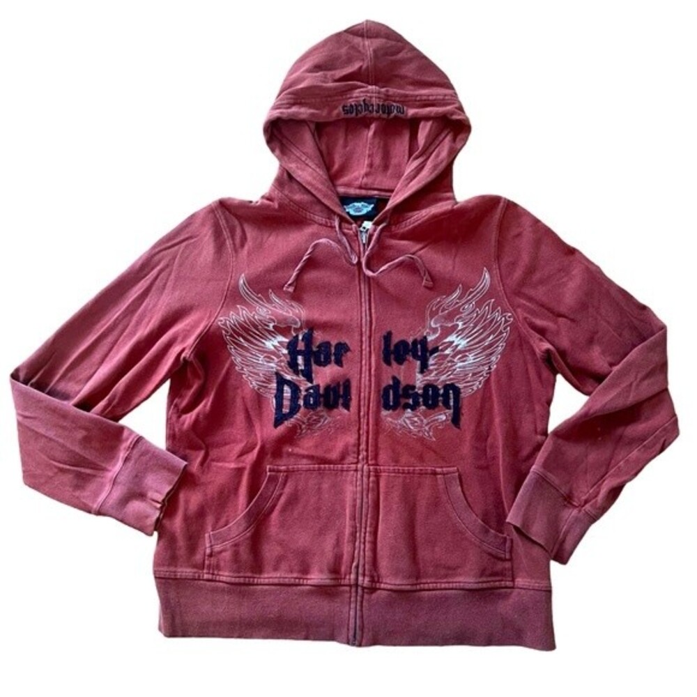 Women’s Harley Davison Full Zip Hoodie embroidery on hood. Letters sewn on front